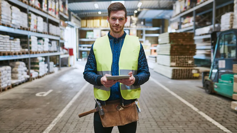 portret van werknemer groothandel bouwmaterialen in magazijn