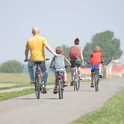 Gezin op de fiets op een gezellig uitje tijdens een zonnige dag op een verlaten landweg